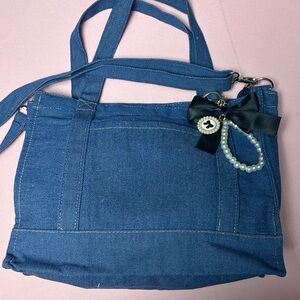 Nordstrom Blue Denim Tote with Black Bow and Pearl Charm